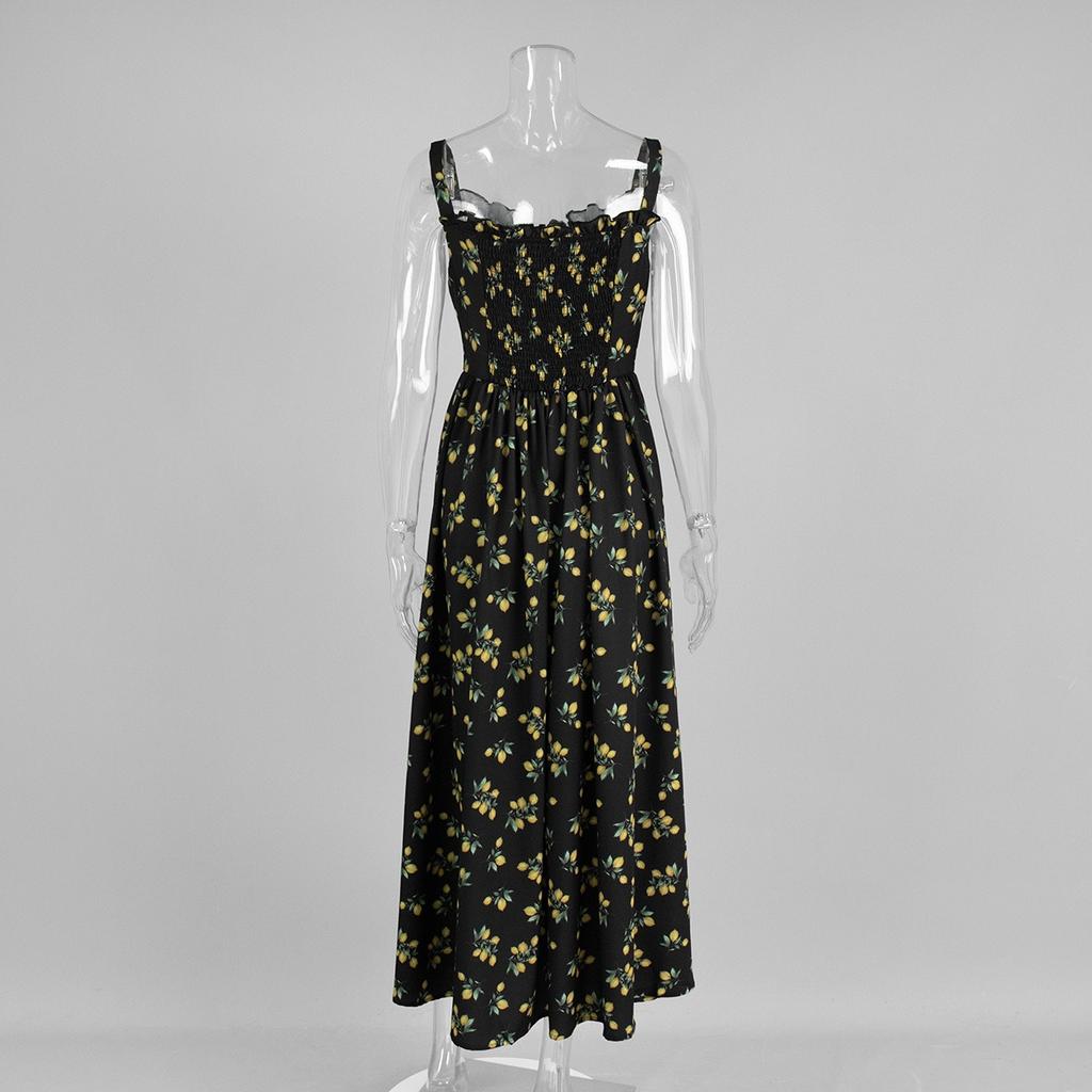 Nuovo Vestito Sottoveste Estivo con Stampa Floreale, Scollo Basso, Vita con Laccio, Spacco Alto, Abito Casual da Festa per Donna
