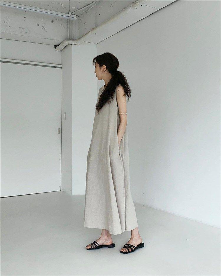 Korean Sleeveless Loose Fit Cotton Linen Dress with Wide Hem