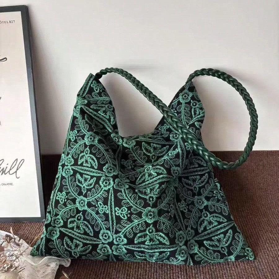 Sac Fourre-tout Simple Polyvalent Sac à Bandoulière Broderie Tissée Forêt Verte Grande Capacité vert