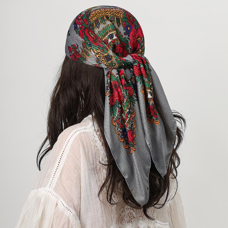 80*80Cm Square Fashion Scarf Women Floral Print Cotton Bandanas Lady Scarves Headband Accessories Handkerchief Shining Hijab