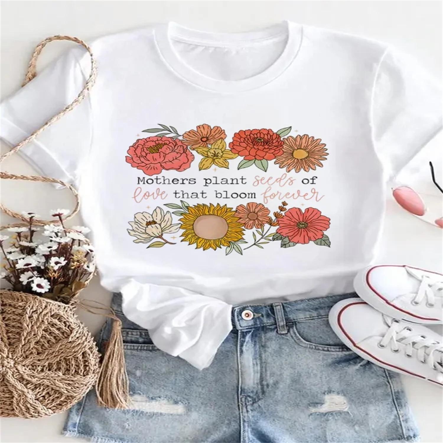 Casual Flower Print Pattern Cartoon Fashion Short Sleeved Printed Women s Trendy T-Shirt Top Printed Women s Clothing T-Shirt S
