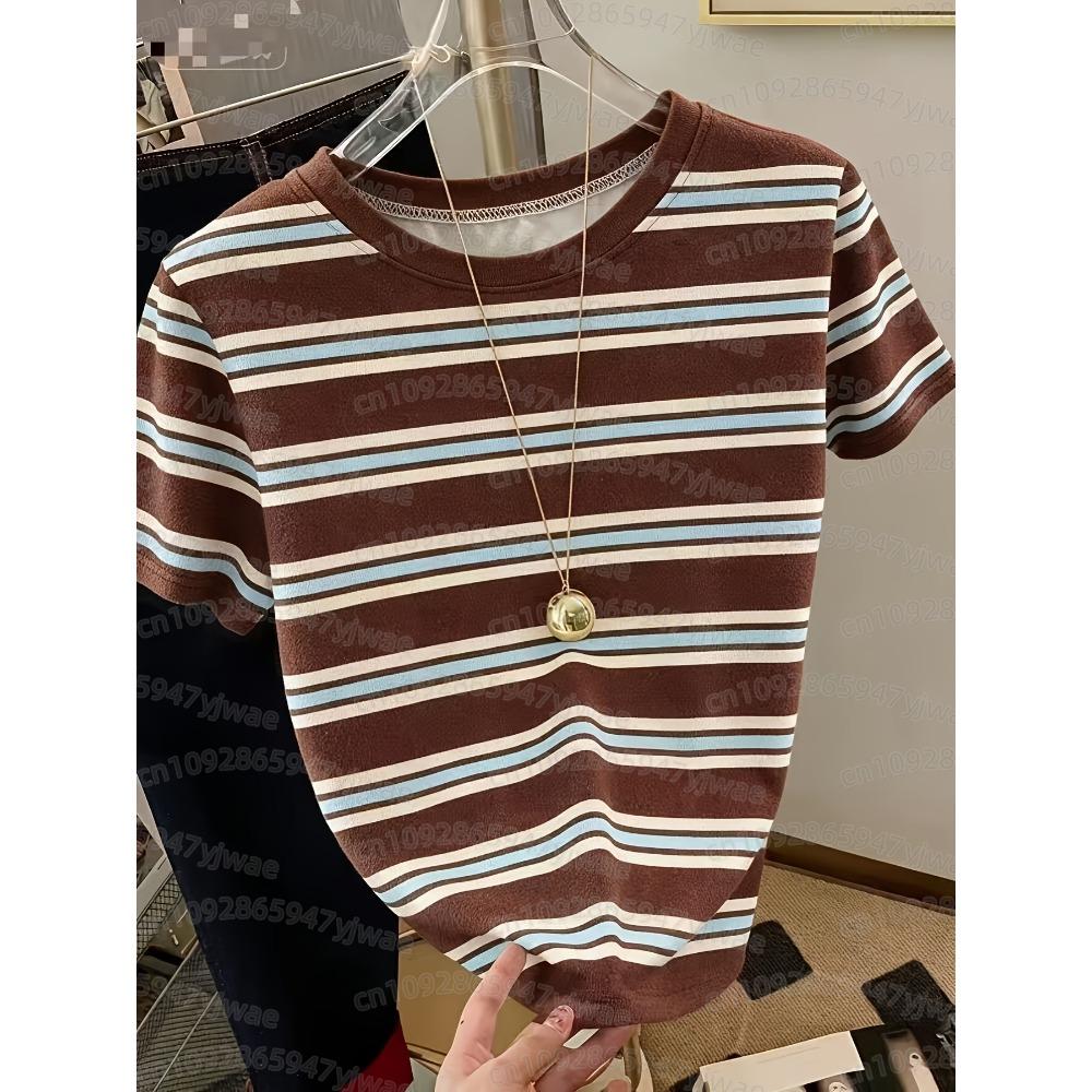Women's Casual Striped Printed T-Shirt Short Sleeved Fashion Simple