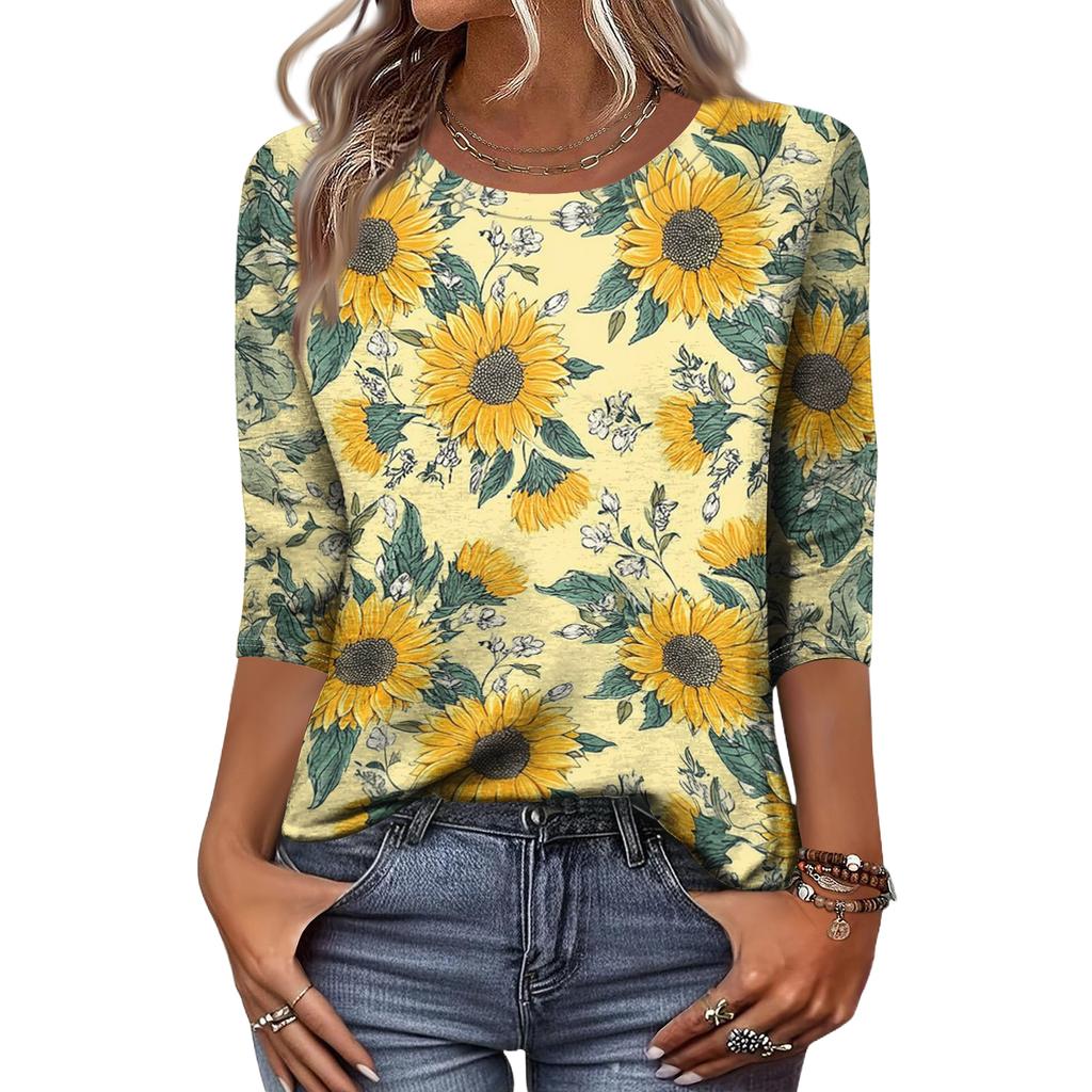 Women's Fashion Casual Round Neck 3/4 Sleeve Loose Printed T-Shirt Ladies Top