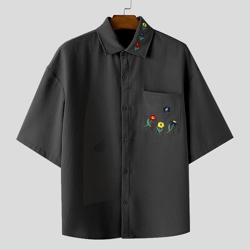 

INCERUN Plus Size Men Lapel Neck Waffle Texture Embroidery Casual Shirts M чёрный