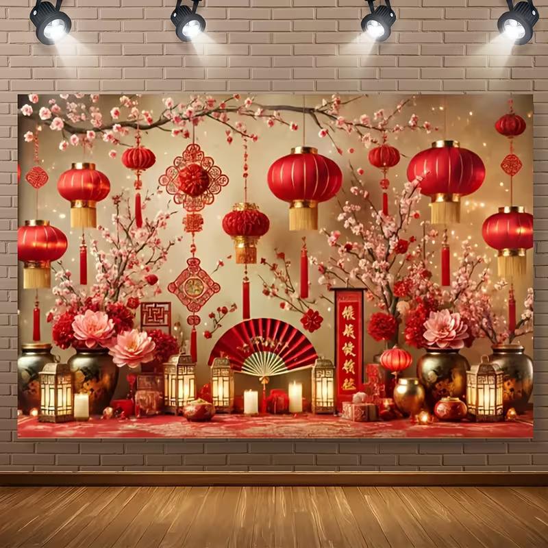 2D Chinese New Year Tapestry Red Lantern Plum Blossom Wall Decor for Home 47.2x31.5inch/120*80cm