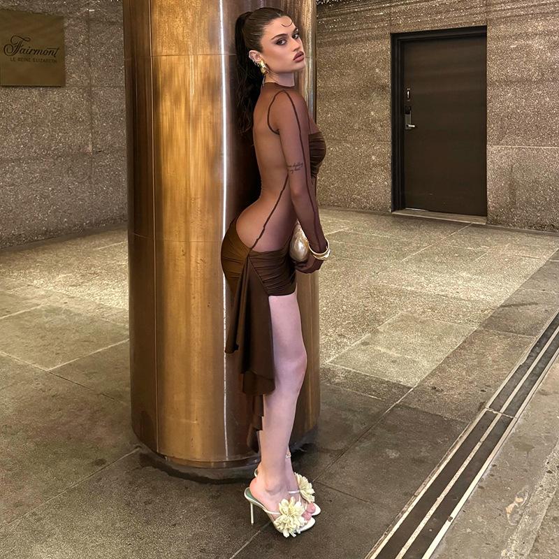 Women's Autumn Sexy Gauze See-through Long Sleeve Slim Ribbon Short Dress