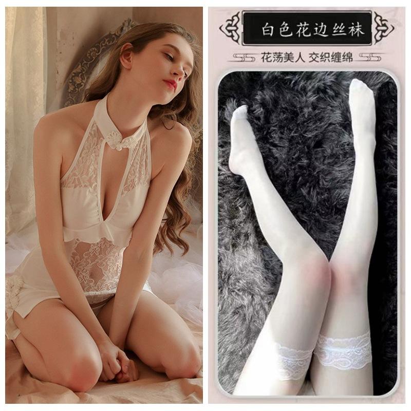 Sexy Lace Seduction Deep V Vintage Cheongsam Pajamas Hot Uniform Seduction Set