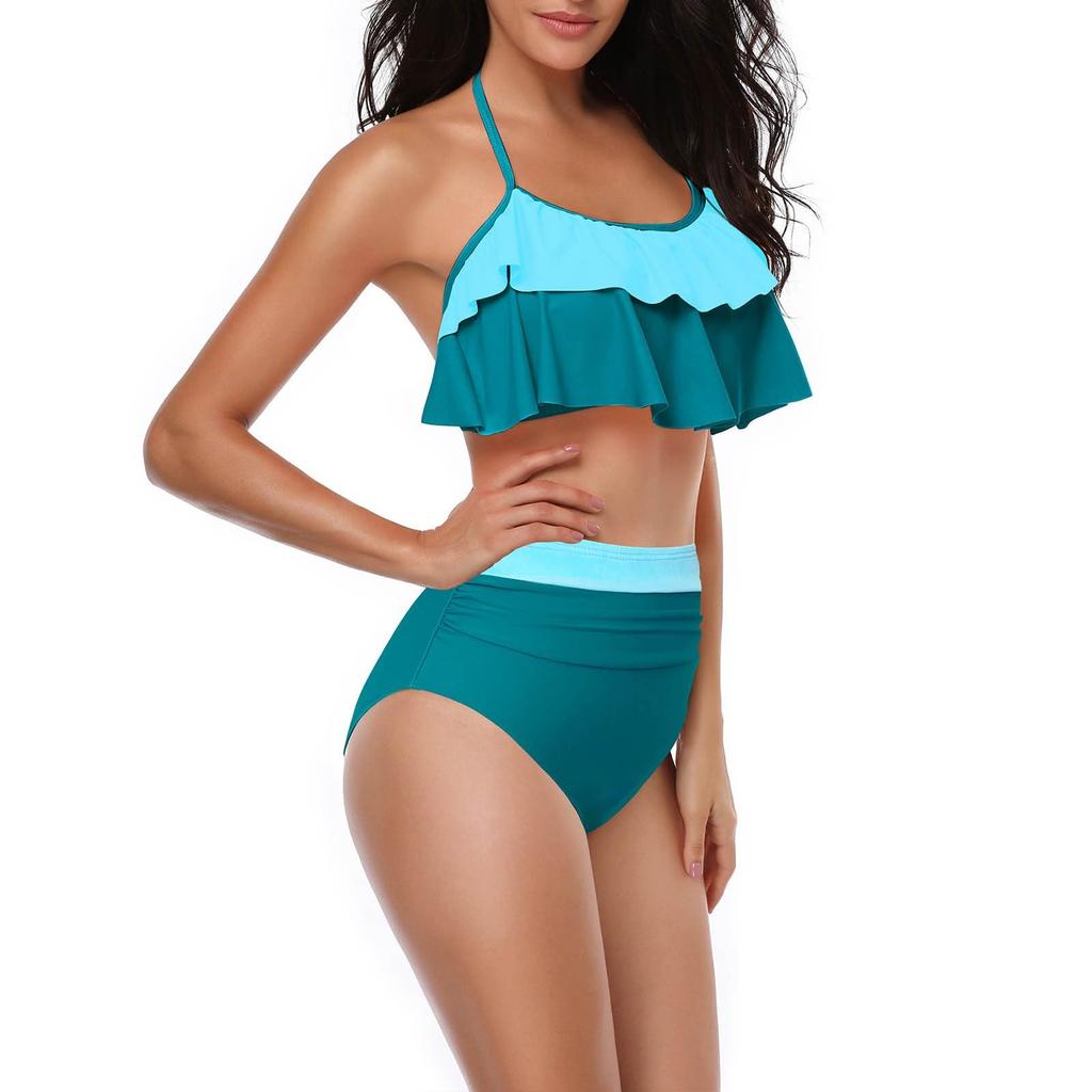 Women’s Two Piece High Waist Bikini Set with Ruffle Top and Ruched Waistband Swimwear for Beach Pool Resort