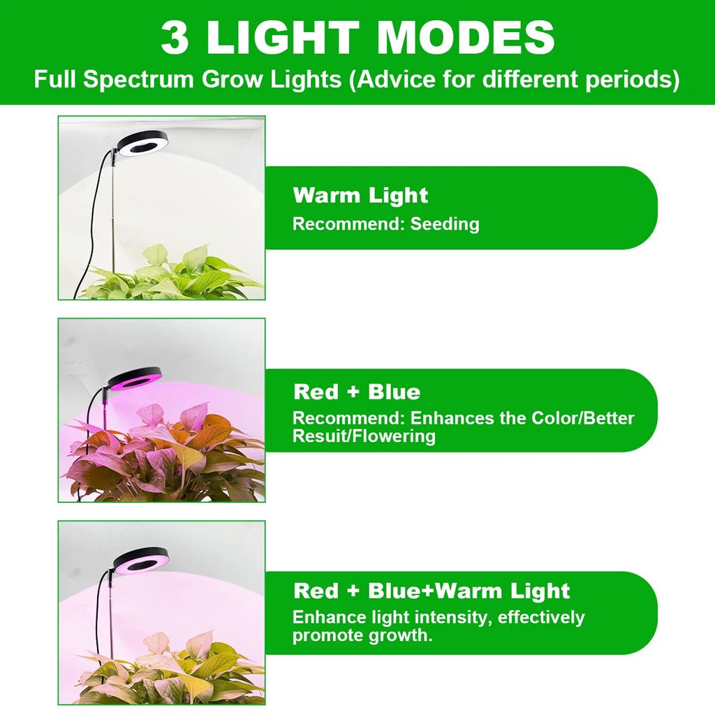 HOMEFISH 3-Color Full Spectrum LED Plant Grow Light with Base 3/9/12H Timer Height Adjustable 10-Level Dimming for Indoor Plants