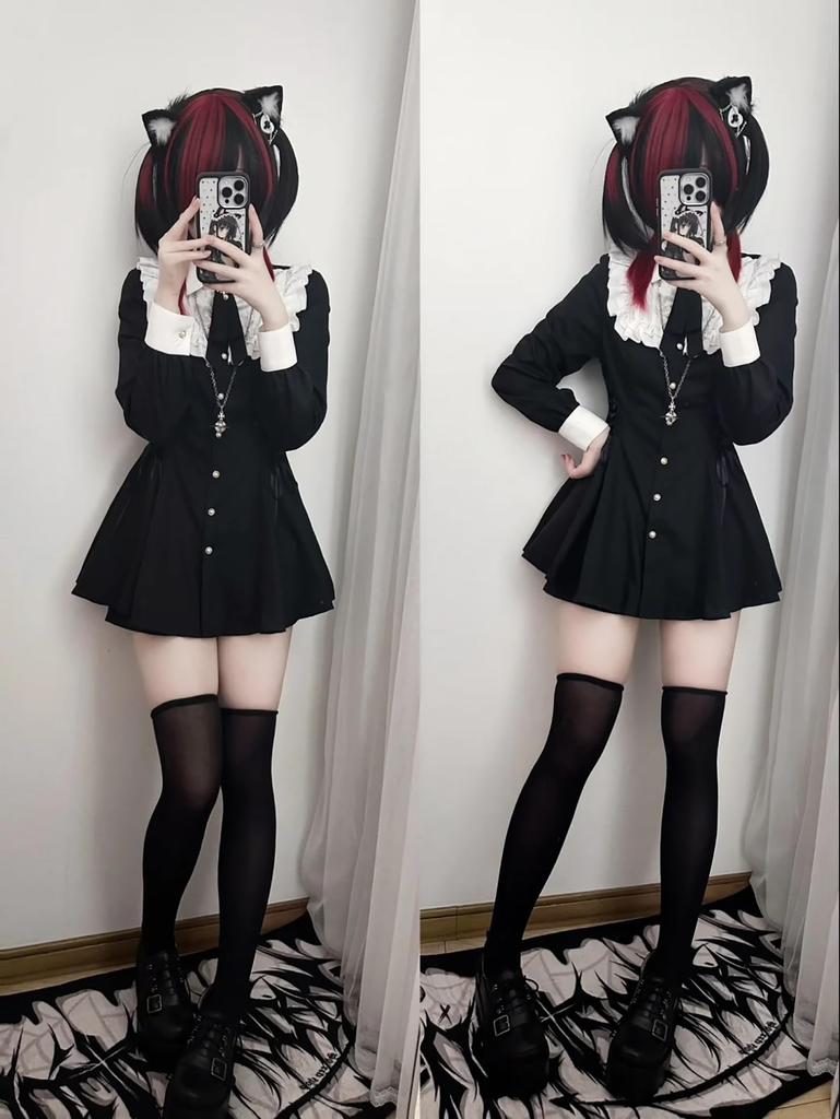 ZYOOFOV Long Mini Loose Girly Korean Mori Princess School Autumn Women's Ruffled, Bowknot, Button-Down Dress, Sleeves, Lightweight, Breathable, Dress,