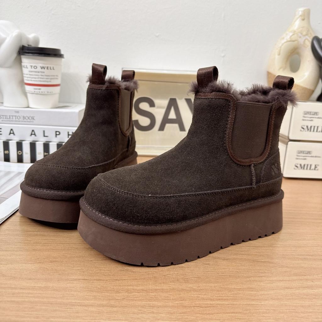 Frosted Leather Big Head Snow Boots Women's Winter Velvet Warm Thick-soled Short Chelsea Boots Fluffy Cotton Boots