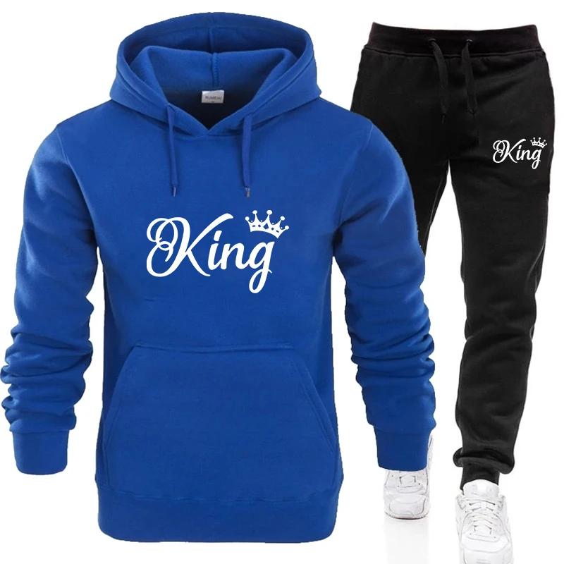 Fashion KING and QUEEN Printed Hooded Suits Autumn Winter Couple Hoodie + Pants 2-piece Suit