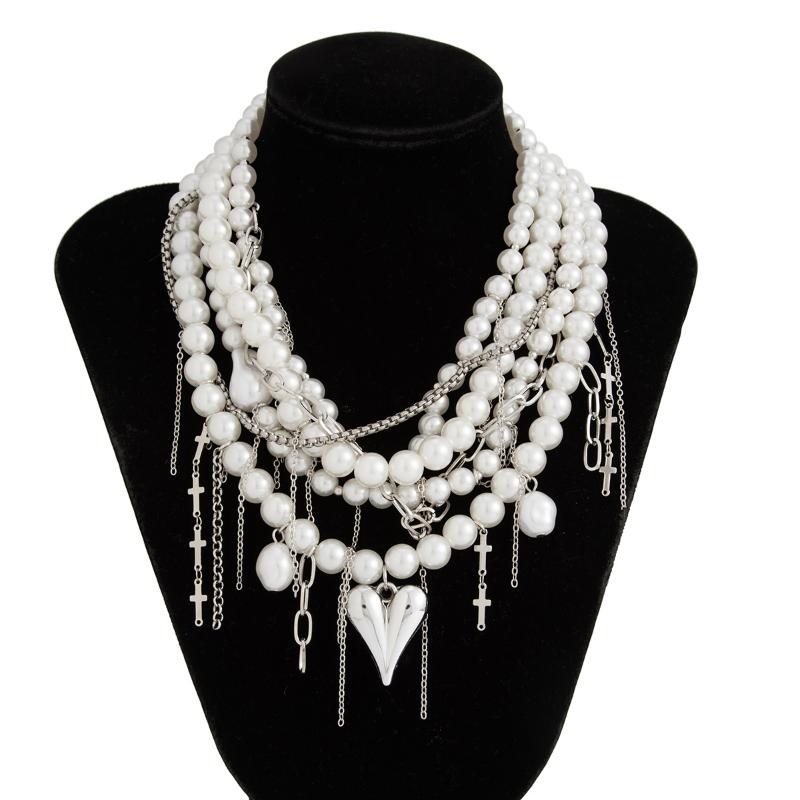 Kadınlar İçin Zarif Çok Katmanlı Sahte İnci Choker Kolye Vintage Yaratıcı Püsküllü Kolye Düğün Takıları