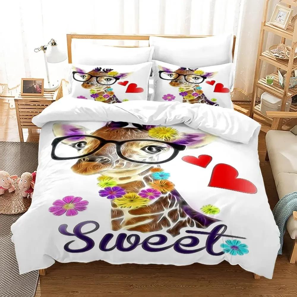 Cartoon Giraffe Duvet Cover King Queen Tropical Animals Bedding Set for Kids Boys Girls Lovely Wildlife Polyester Quilt Cover