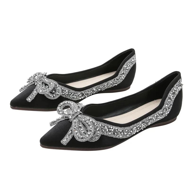 Fashion Plus Size 35-43 Autumn New Fashion Women Shoes Fashion Women Bling Crystal Bow Pointed Toe Flats Shoes Slip On Women Boat Shoes