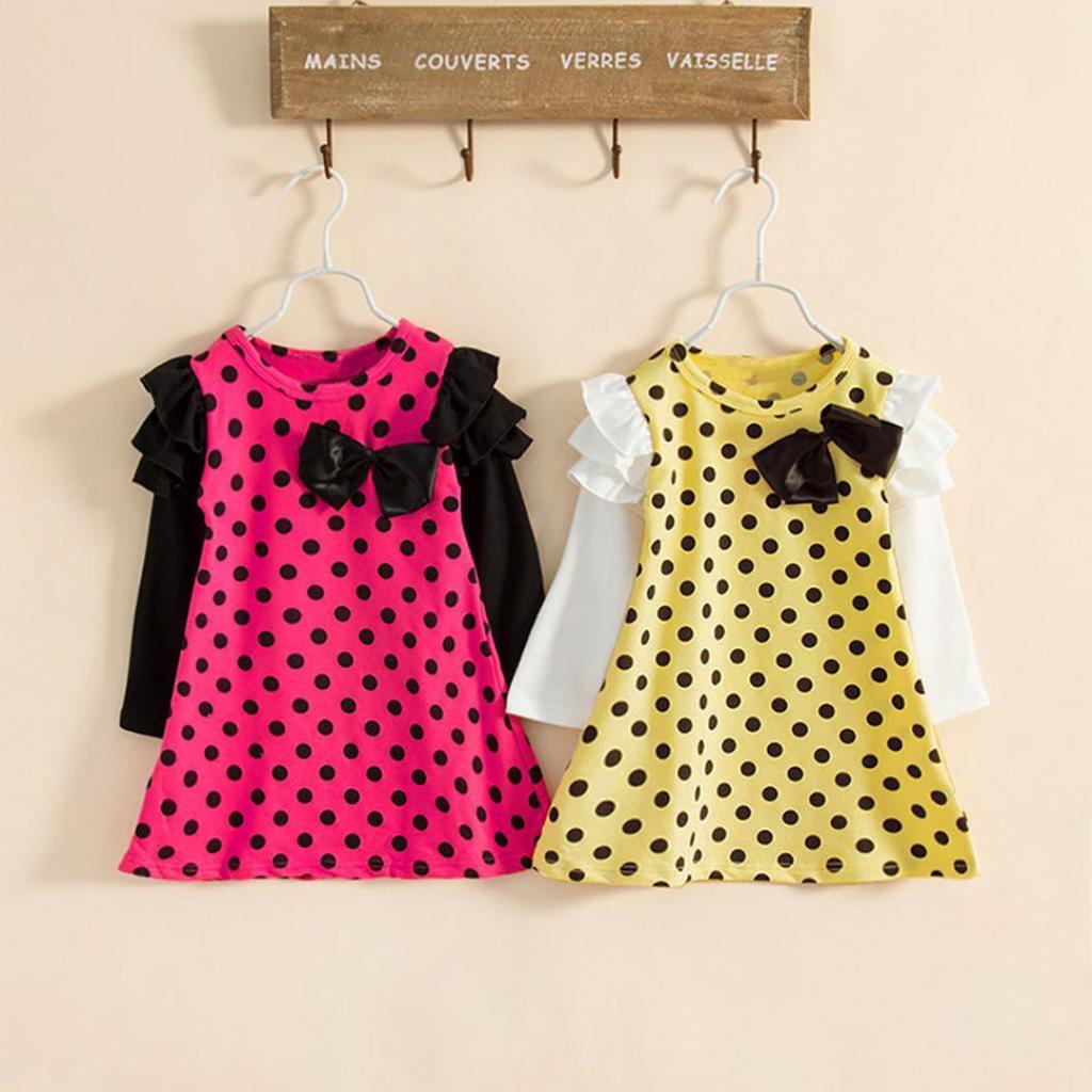 Spring Baby Girl Long Sleeve Polka Dot Bowknot Ruffle Mini Dress Kids Clothes