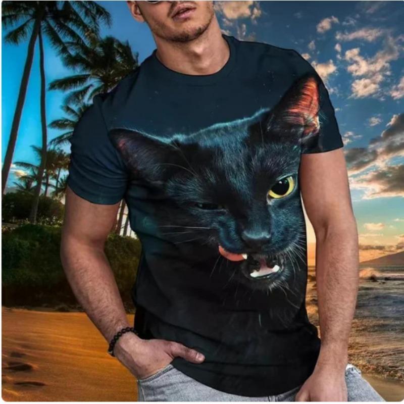 Summer Round Neck 3D Cat Print Top Fashionable Casual Short Sleeved Men's T-shirts