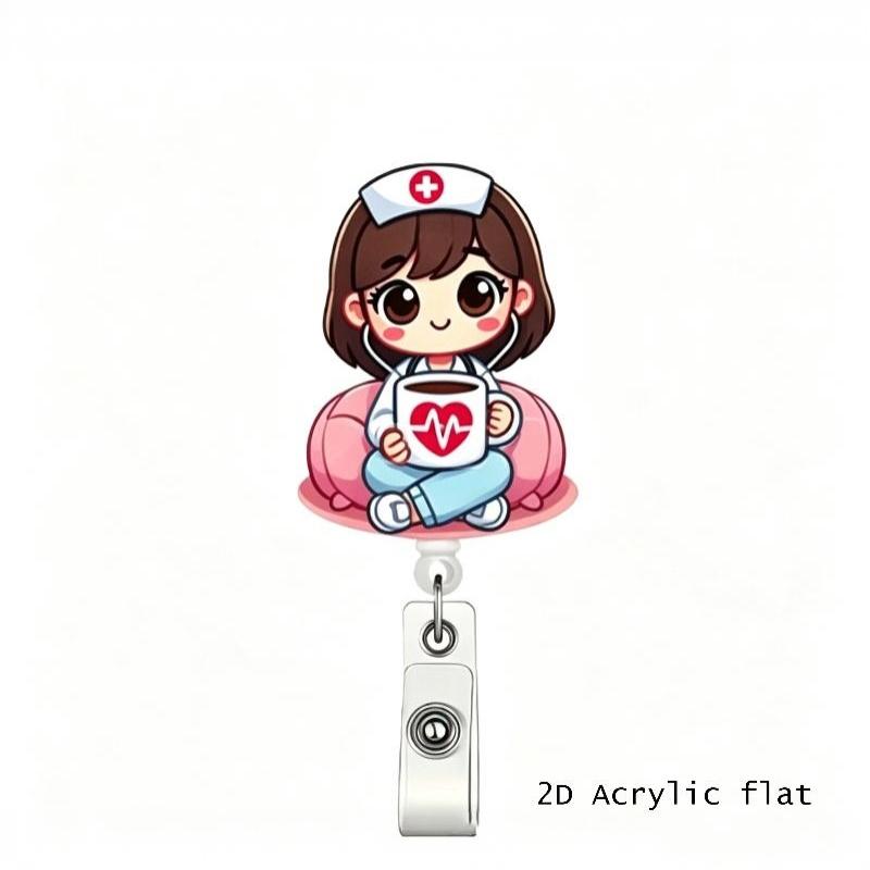 1Pcs 2D Flat Acrylic Badge Holder Retractable Id Badge Holder Scratch-Resistant Cartoon Nurse Badge Reel