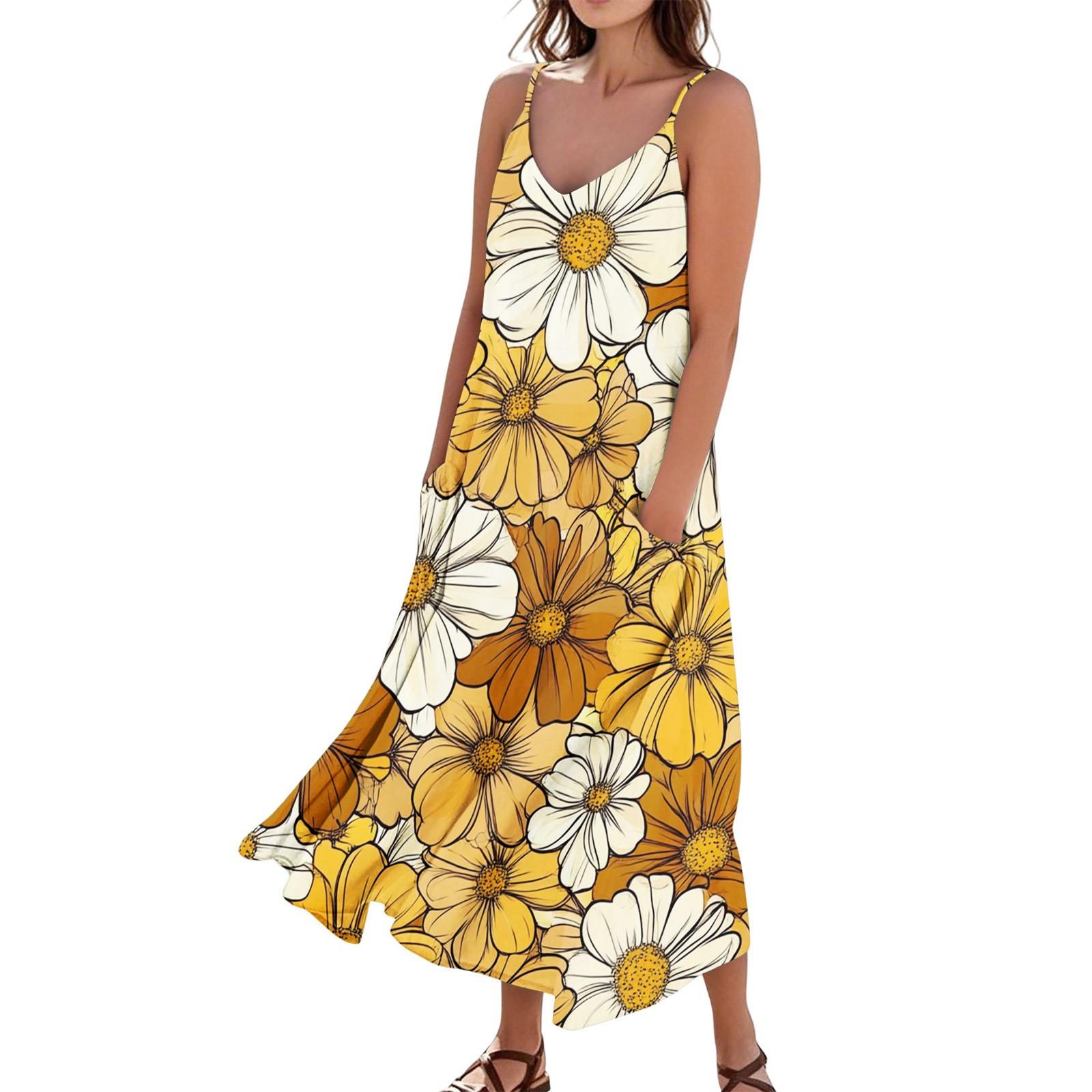 

Women s Casual Tie- Floral Print Sleeveless Pocket Dress XL жовтий