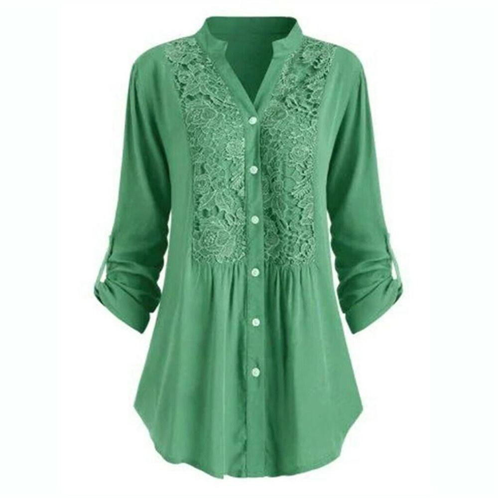 Women Solid Color Lace Splicing Single Breasted Shirt Casual Stand Collar Long Sleeves Plus Size T-Shirt Loose Cotton Blouse