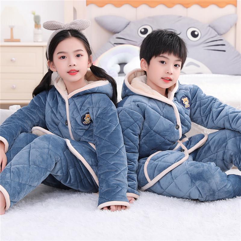 Dětské útulné pyžamo z křišťálového sametu - Silná prošívaná sada z korálového fleecu pro podzim a zimu