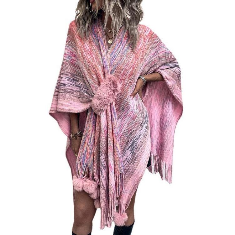 Women Winter V-Neck Loose Knitwear Cardigan Bat Sleeve Cross Border Cloak Autumn Color Collision Sweater
