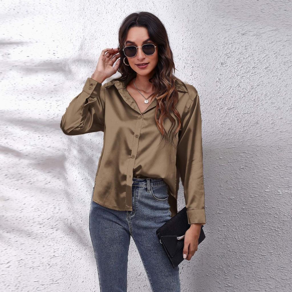 Flip Collar Pleated Long Sleeved Women's Satin Shirt, Elegant and Slim Fit, Suitable for Commuting To Work
