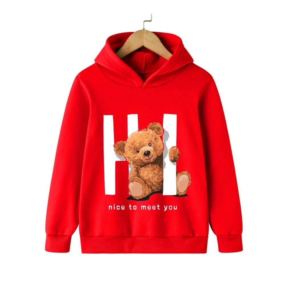 Herbst Winter Kinder Hoodies Kawaii Hi Teddybär Druck Mädchen Jungen Babykleidung Lässige Mode Kinder Sweatshirt Pullover Tops