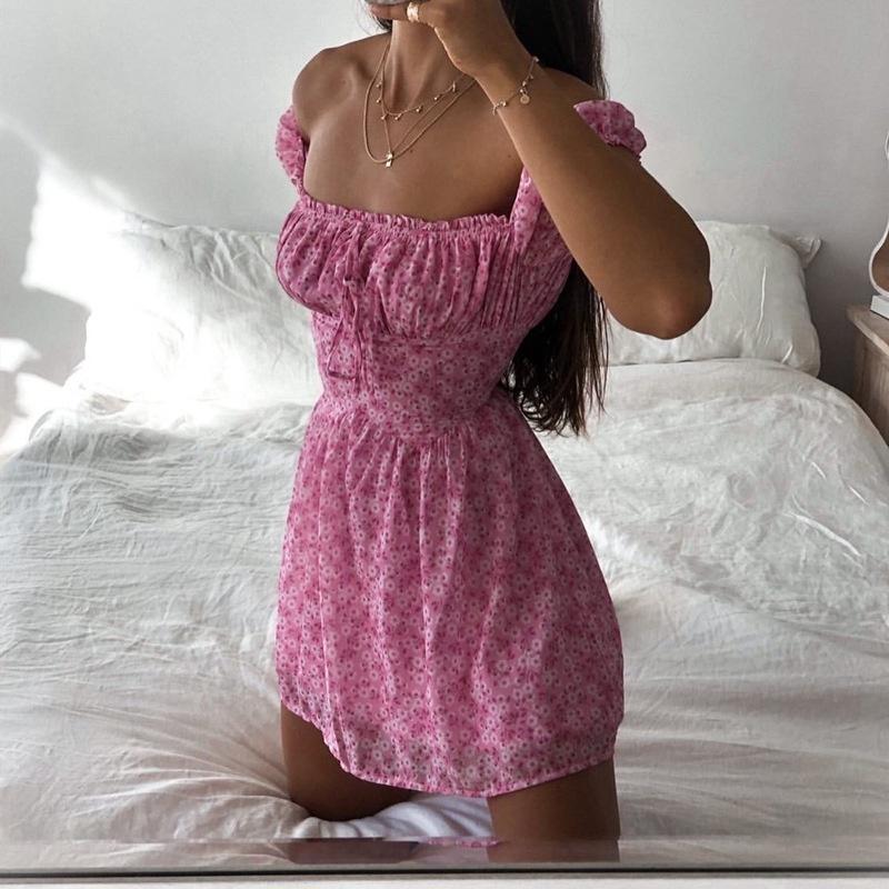 

Women Floral Print Fashion Ruched Sexy Backless Mini Sundress Puff Sleeve Summer Dresses L рожевий