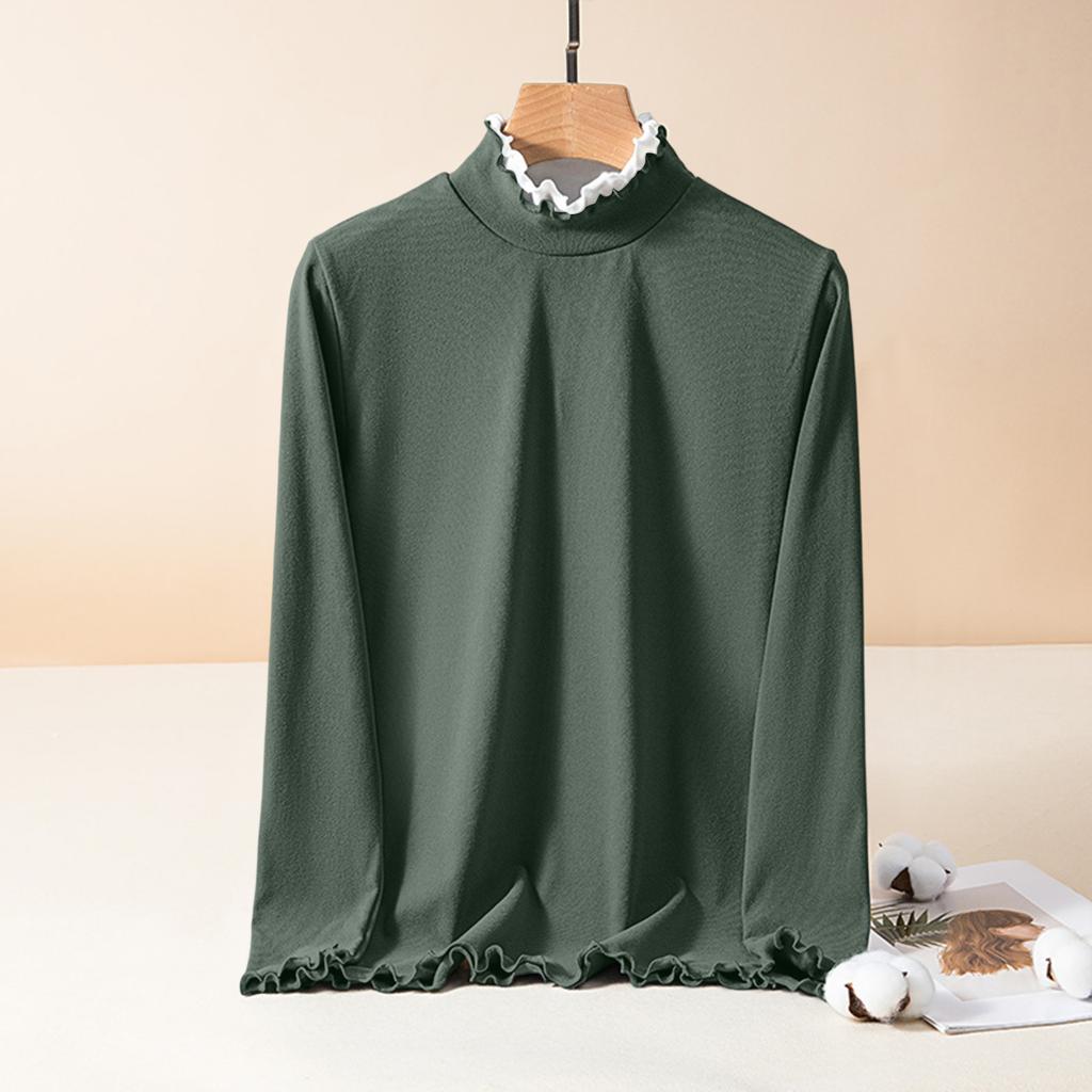 Ladies' Slim Fit Pullover Shirt With Lace Collar, Black Fungus Edge, German Velvet Long Sleeved Base, Top