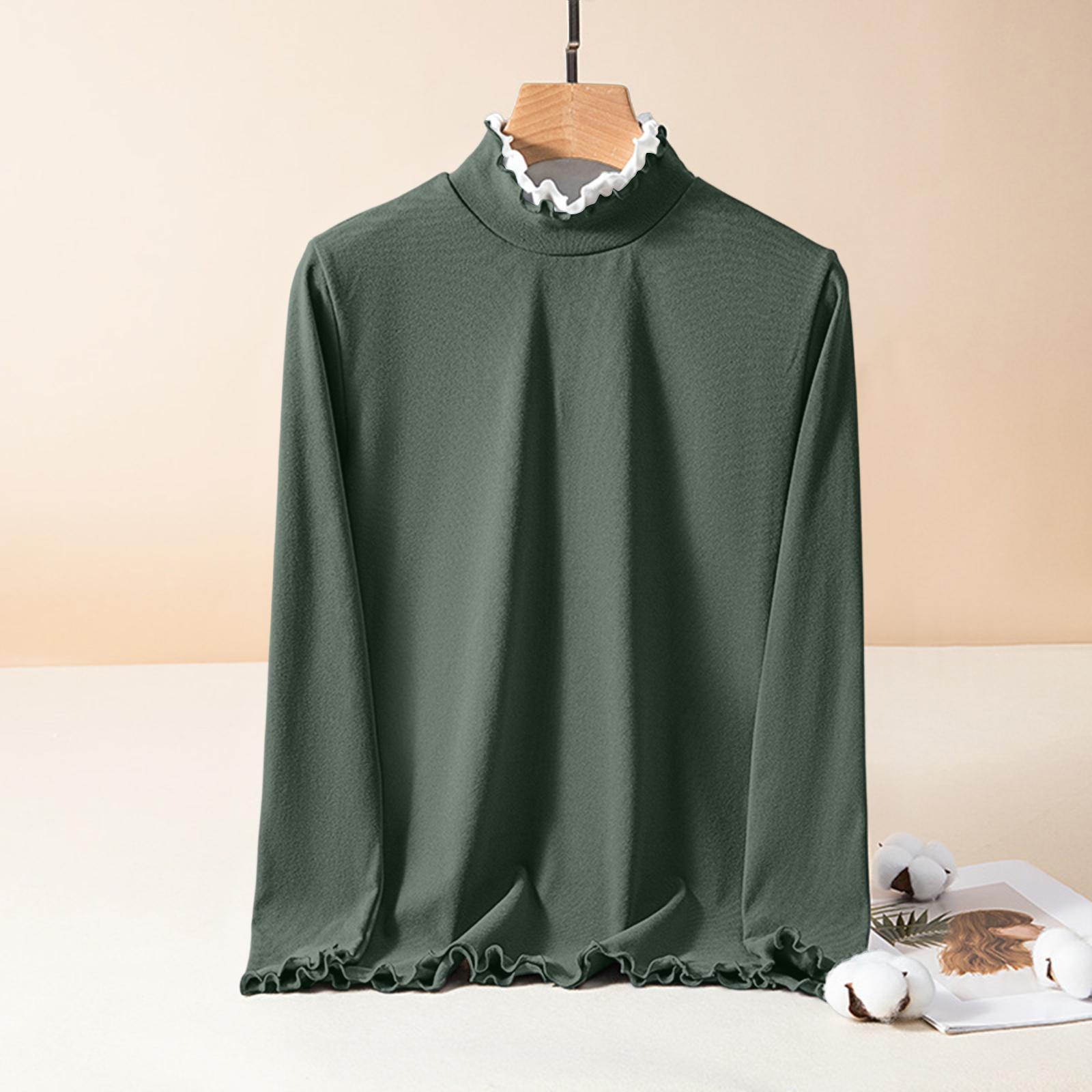 

Ladies Slim Fit Pullover Shirt With Lace Collar, Black Fungus Edge, German Velvet Long Sleeved Base, Top M зелёный