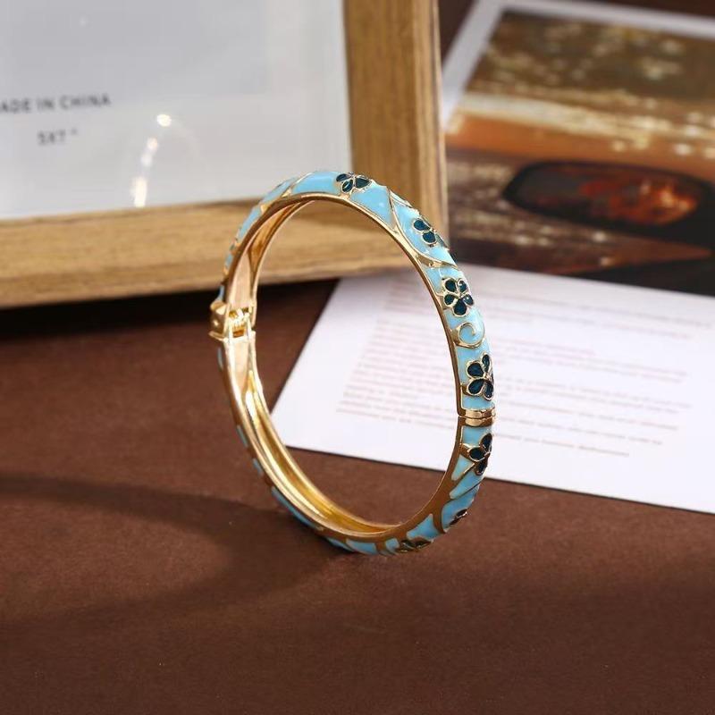 Colorful Enamel Floral Bangle Bracelet Retro Gold-Tone Open Cuff, Elegant Dainty Jewelry For Women Gifts