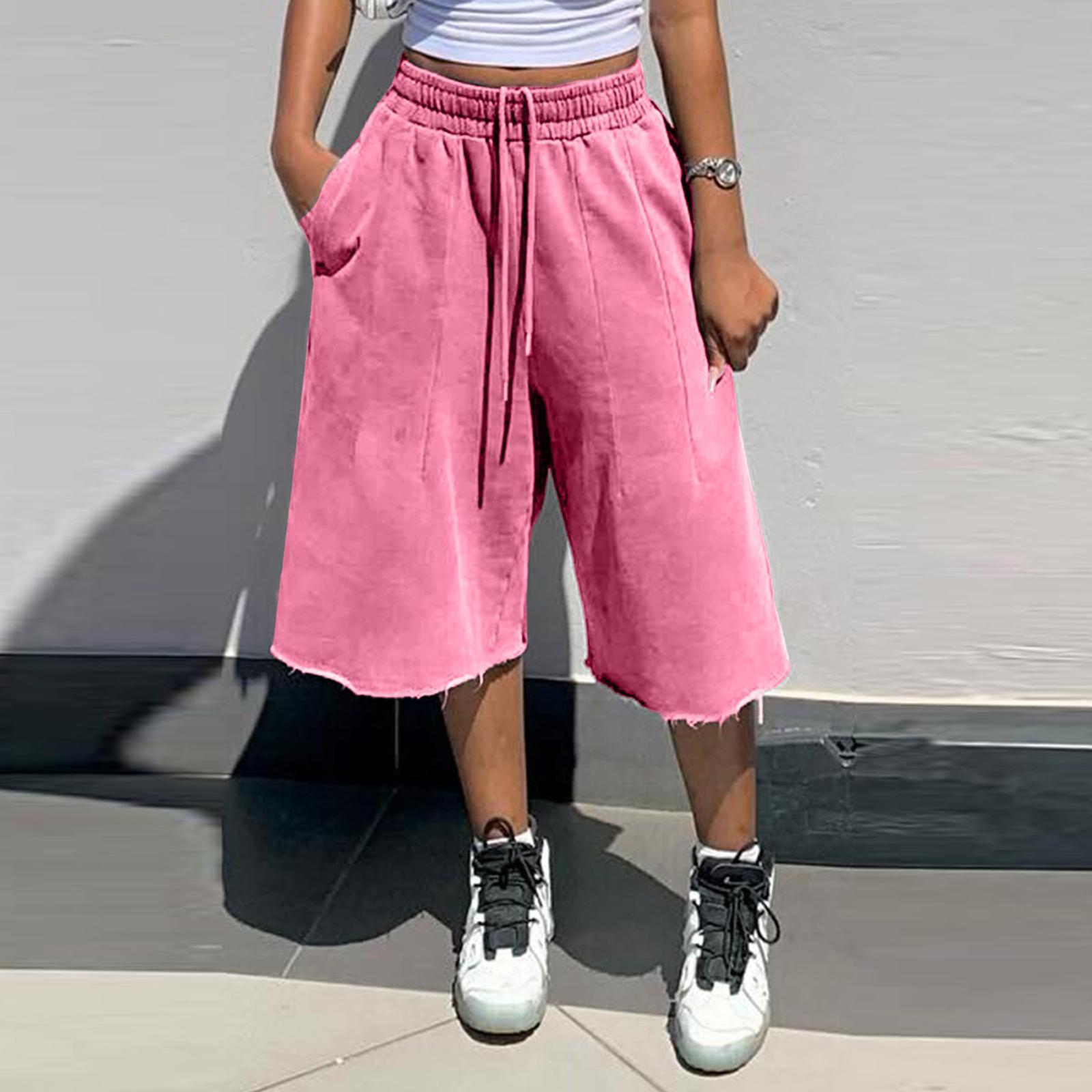 Damen Freizeitshorts Lockere Passform Mittellang Elastischer Bund mit Kordelzug Taschen Bequem für den Alltag S rosa