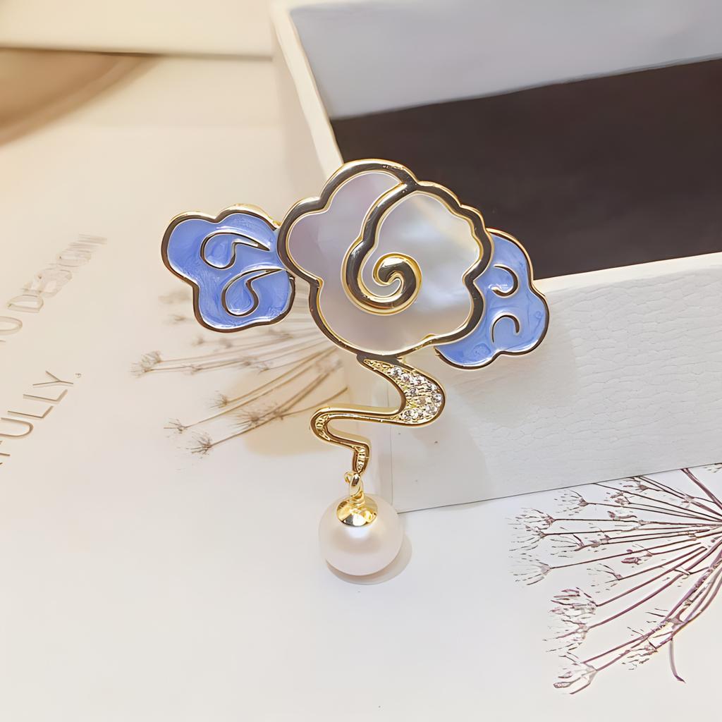 New National Style Auspicious Cloud Fritillary Brooch Femininity Pearl Corsage Light Luxury Niche Design Pin Suit Accessories
