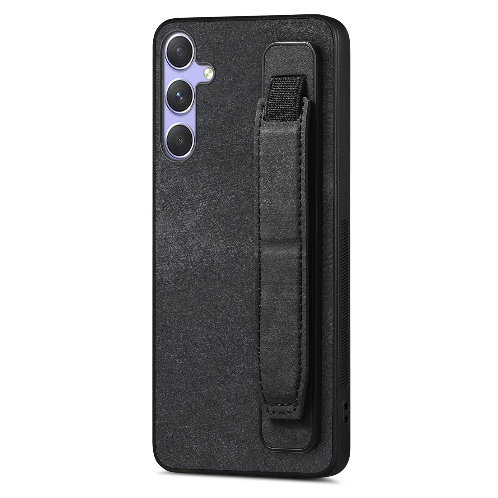 

For Samsung Galaxy A06s Case with Wristband Kickstand Leather+TPU Phone Cover Black