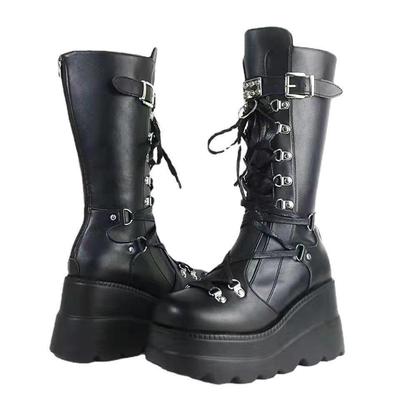 Women's Platform Motorcycle Boots Black Punk Fashion Rivet Belt Buckle Cross Tied Zip Women Shoes Round Toe Wedge Mid-Calf Boots