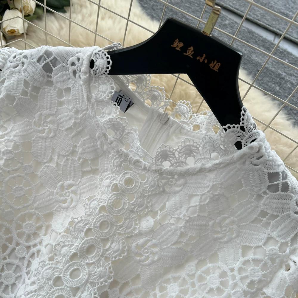 Abito Midi Elegante da Donna con Ricami in Pizzo, Manica Corta, Vita Alta, Linea ad A, Estivo, Casual, da Festa, per Matrimonio, da Vacanza, da Spiaggia