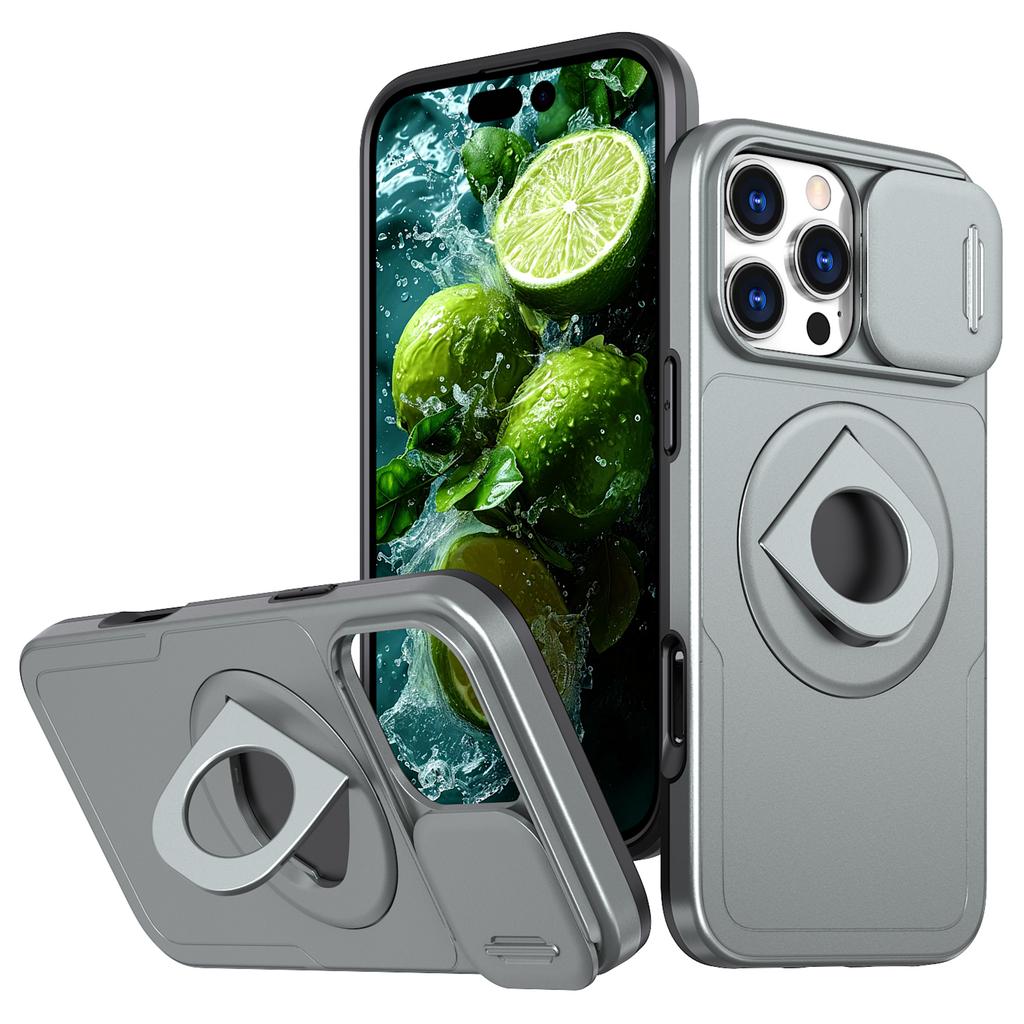 For iPhone 16 Pro Magnetic Phone Case TPU+PC Cover with Kickstand and Slide Lens Lid
