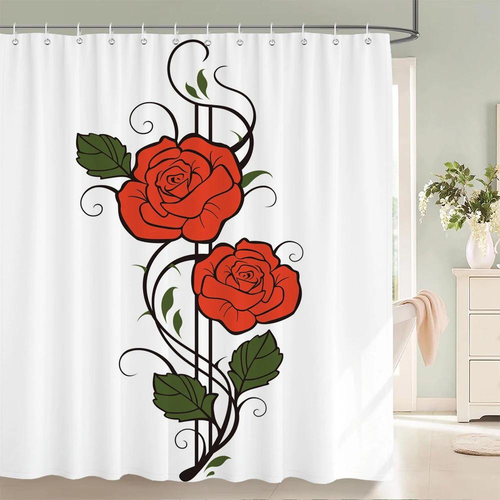 

Red Rose Shower Curtain Black Vine Design Elegant Floral Pattern Romantic Bathroom Decor Classic Love Theme Artistic Print W60H190(CM)-1 Pcs