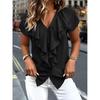 2026 New V-neck Ruffle Short Sleeve Chiffon T-shirt for Women, Summer Elegant Commuting Solid Color Top