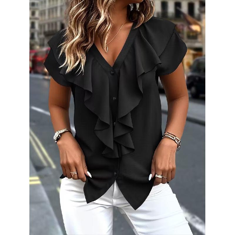 2026 New V-neck Ruffle Short Sleeve Chiffon T-shirt for Women, Summer Elegant Commuting Solid Color Top