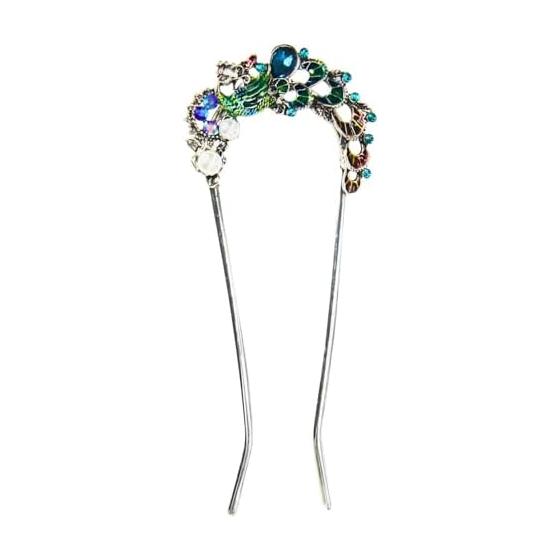 Miaomyao U-Shaped Hairpin, Japanese Kimono Yukata Hair Accessory, Pearl Antique Peacock Silver, Elegant Double-Pronged Hair Stick with Zirconia,