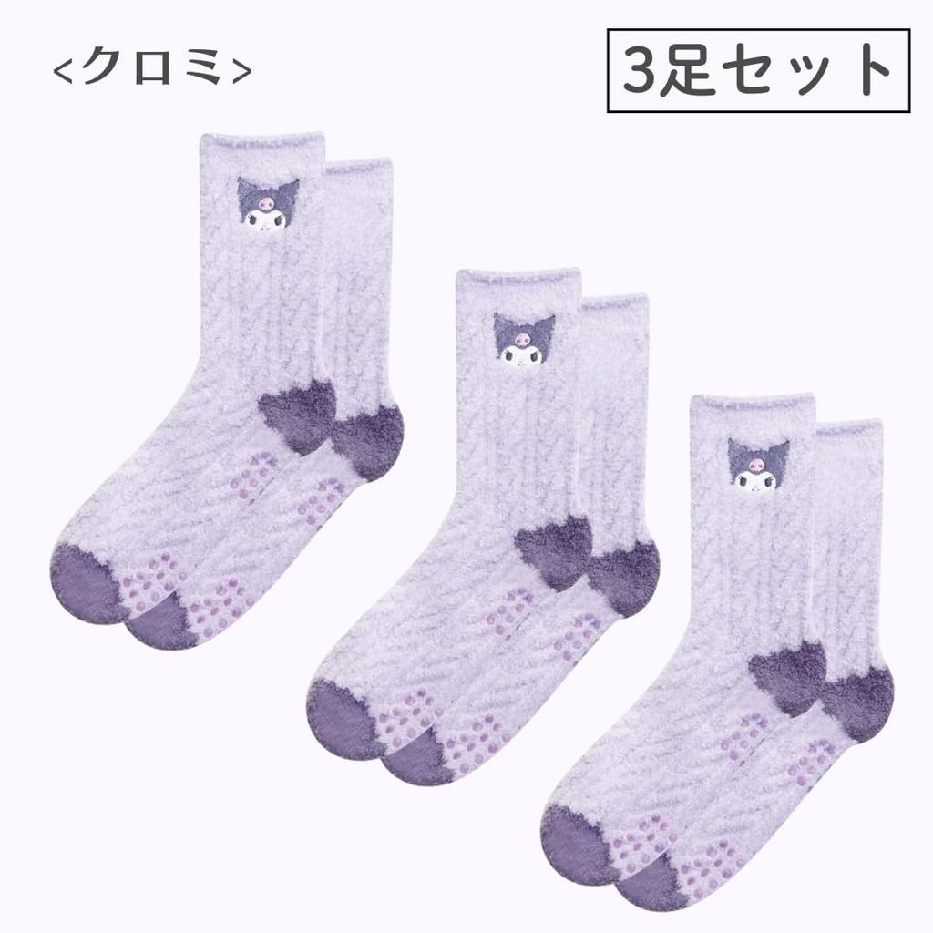 Zestaw 3 par skarpetek Sanrio Kuromi z dzianiny boa, rozmiary 23.0-24.5cm, antypoślizgowe, skarpety, puszyste, ciepłe, grube, długie, antypoślizgowe, zimowe