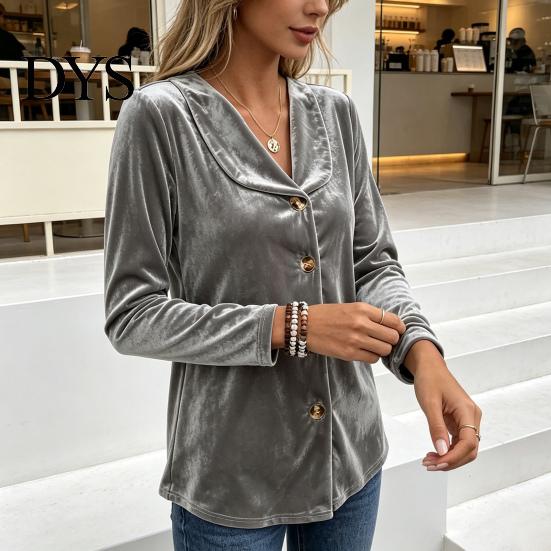 Women Velvet Blouse Fall Shirt, Button Down Long Sleeves Casual Top, Shirt Solid Color Loose for Daily Wear Work