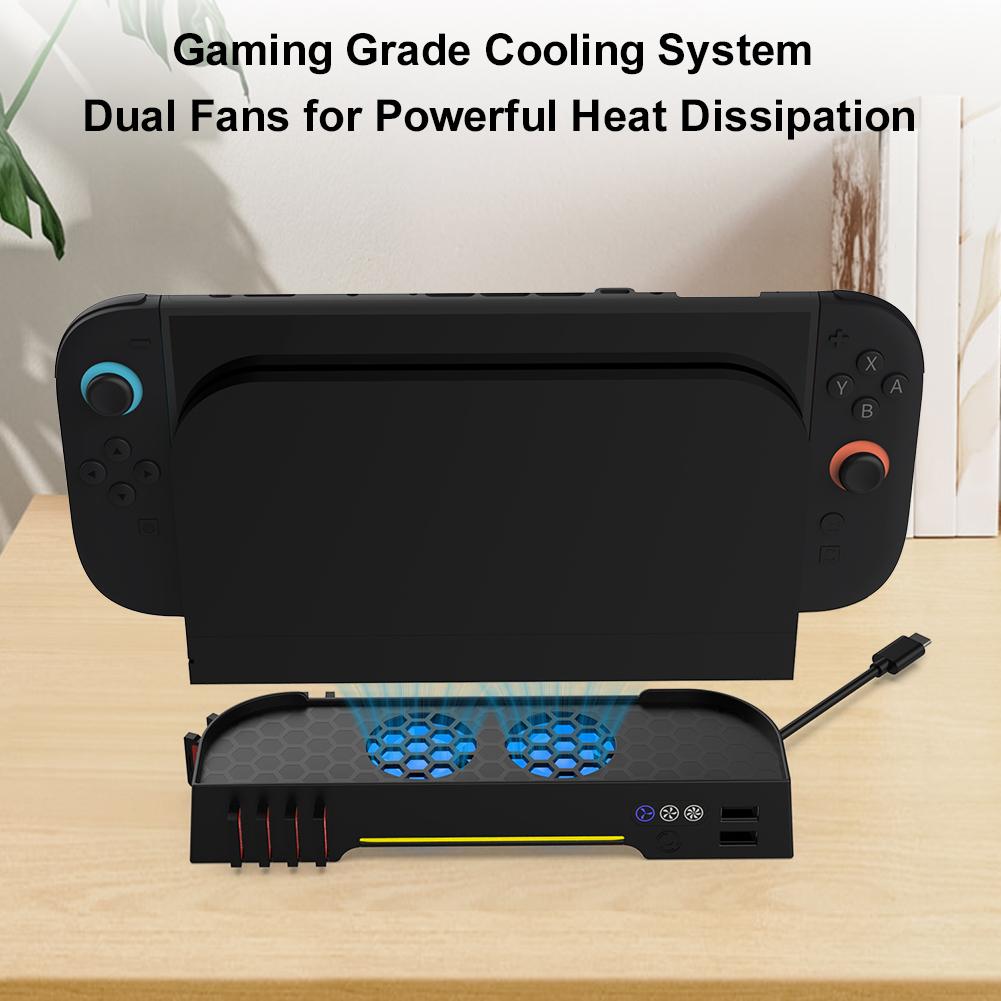 Cooling Fan with RGB Light Dual-Fan Cooling Base 3 Speed Portable Cooling Fan with 8 Game Card Slots for Switch 2 Accessories