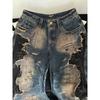 High Street Fashion Wide Leg Pants Women American Retro Distressed Wash Destroyed Scimitar Pants Color Blocking Design