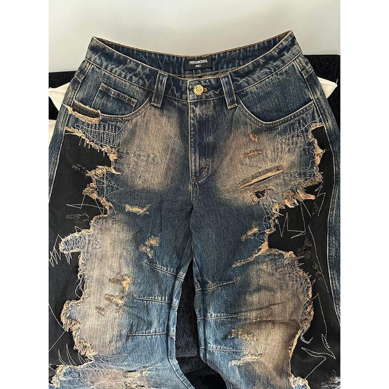 High Street Fashion Wide Leg Pants Women American Retro Distressed Wash Destroyed Scimitar Pants Color Blocking Design