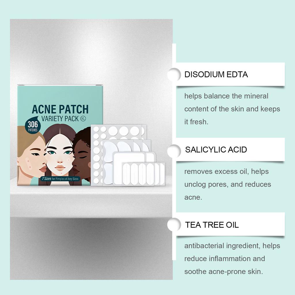 Balíček různých náplastí na akné, různé tvary náplastí na akné, náplasti na akné, snižují zarudnutí a otoky, kontrolují mastnotu a bojují proti akné, 306 náplastí