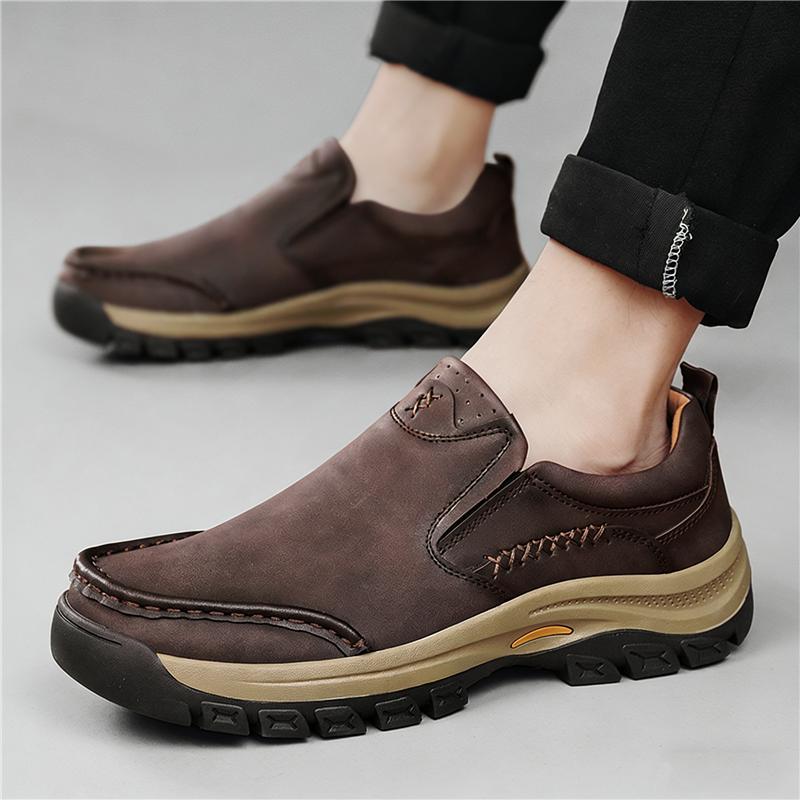 Retro New Black Brown Loafers Men's Thick-soled Outdoor Hiking Leather Casual Shoes Male Slip On Walking Footwears