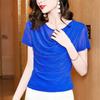Spring and Summer Fashion All-match Swing Collar Bright Silk Short-sleeved Mesh Bottoming Shirt Slim Slimming Plus Size T-shirt Women